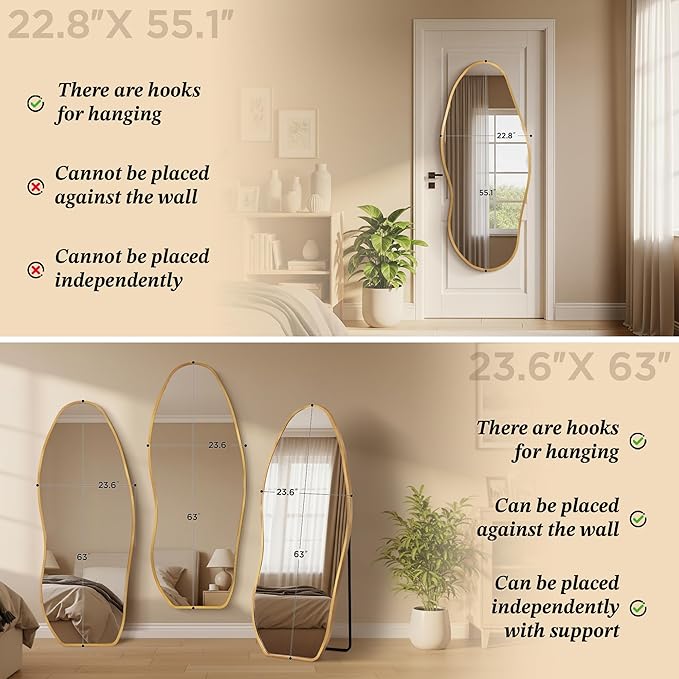 Mirror Full Length - Irregular Full Body Mirror Standing or Leaning or Wall Hanging 63"x 24" Asymmetrical Aviation Aluminum Alloy Frame Unique for Bedroom, Living Room, Cloakroom, Entryway