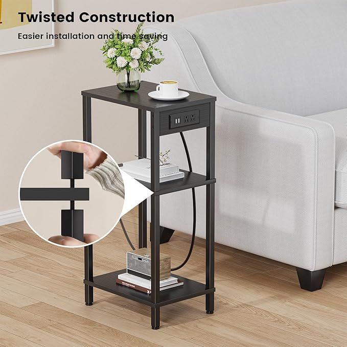 Tall End Table with Charging Station, 3 Tier Black Side Table with Storage, Small Nightstand with Outlets for Bedroom, Living Room, Office