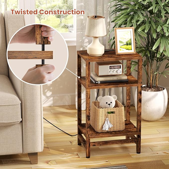 Side Table with Fast Charging Station, 3 Tier End Table with Type C and USB Port, Small Bedside Tables for Small Space, End Tables for Living Room, Bedroom, Office, Rustic Brown