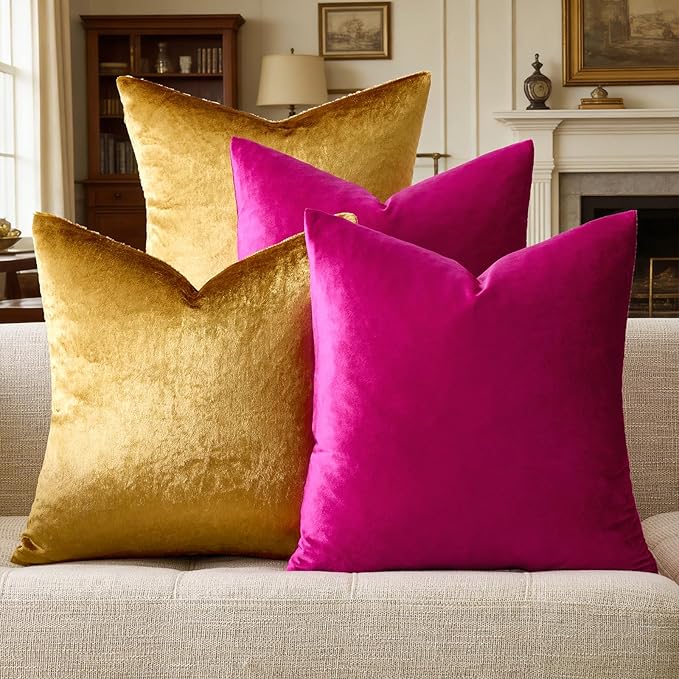 GIGIZAZA Velvet Pillow Covers 18x18,Hot Pink Gold Soft Throw Pillow Covers Set of 4 Square Decorative Modern Pillows Covers for Living Room