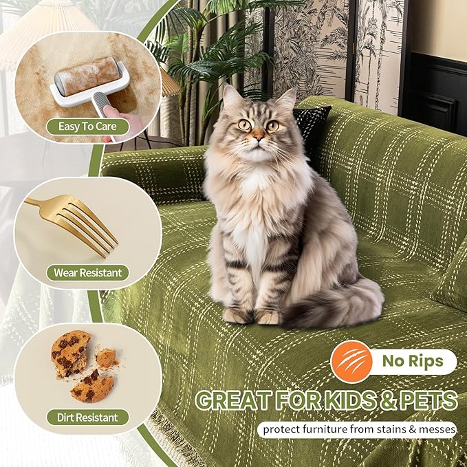 HANDONTIME Couch Covers for Dogs, Buffalo Check Sofa Cover White Plaid Geometric Pet Couch Cover for Dogs & Cats Chenille Sofa Covers Washable 3 Seat Sectional Covers Soft (Matcha Green, 71"x118")