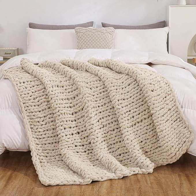 WESHIONGOO Chunky Knit Blanket Throw Knitted Throw Blankets for Couch Bed Fluffy Soft Blanket with Jumbo Chenille Yarn Thick 100% Handmade (Linen, 51"×63")