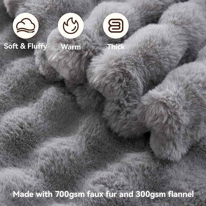 Faux Fur Throw Blanket, 1000GSM Fluffy Soft Bubble Blanket for Couch Bed, Cozy Plush Warm and Thick Blanket, Fuzzy Rabbit Throw for Living Room Bedroom 50''*60'' Light Grey