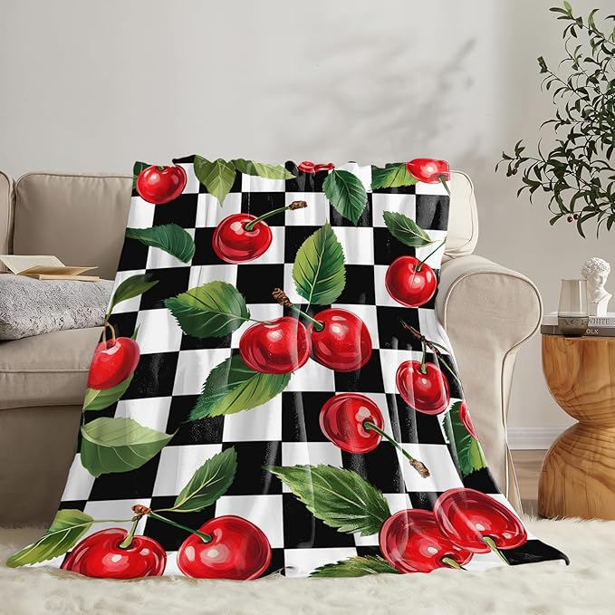 Cherry Blanket for Girls Women Adults Kids Soft Cozy Fleece Fruit Buffalo Plaid Preppy Gifts Throw Blankets Warm Flannel Plush Lightweight Decor for Couch Bed Sofa 80"X60"