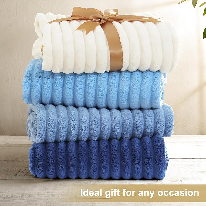 decorUhome Soft Fleece Navy Blue Twin Blanket for Bed, Cozy Fluffy Plush Flannel Striped Throws for Couch Sofa, Lightweight Decorative Ribbed Fuzzy Blanket for Woman, 60x80 Inches