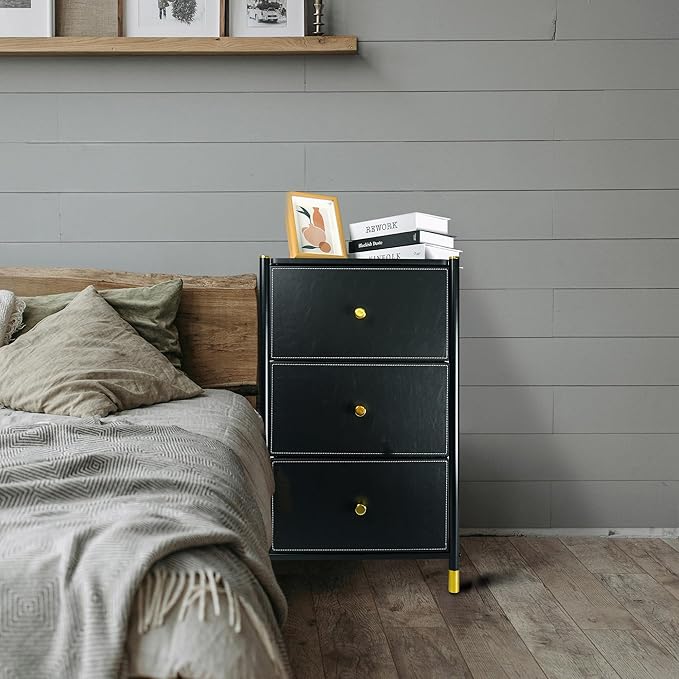 Nightstand with 3 Fabric Drawers – Bedside Table with Wood Top & Faux Leather Front Panels, Heavy-Duty Steel Frame for Bedroom Storage