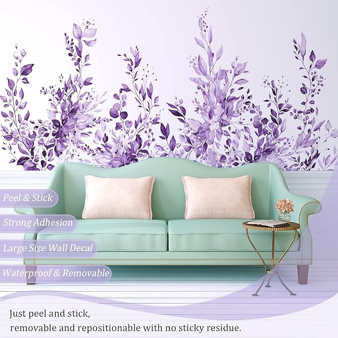 Purple Plants Leaves Wall Decals Peel and Stick, Large Floral Flowers Wall Stickers, Removable Vine Home Decor Art for Bedroom Living Room Classroom Office