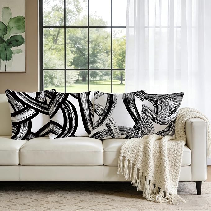 Black and White Abstract Striped Throw Pillow Covers 18x18 Set of 4, Modern Art Boho Lines Decorative Square Pillow Cases for Farmhouse Living Room Sofa Bed Couch, Spring Easter Minimalist Home Decor