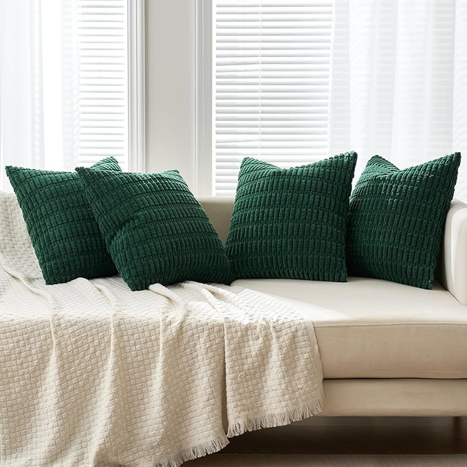 MIULEE Pack of 4 Christmas Dark Green Corduroy Decorative Throw Pillow Covers 20x20 Inch Soft Boho Striped Pillow Covers Modern Farmhouse Home Decor for Sofa Living Room Couch Bed