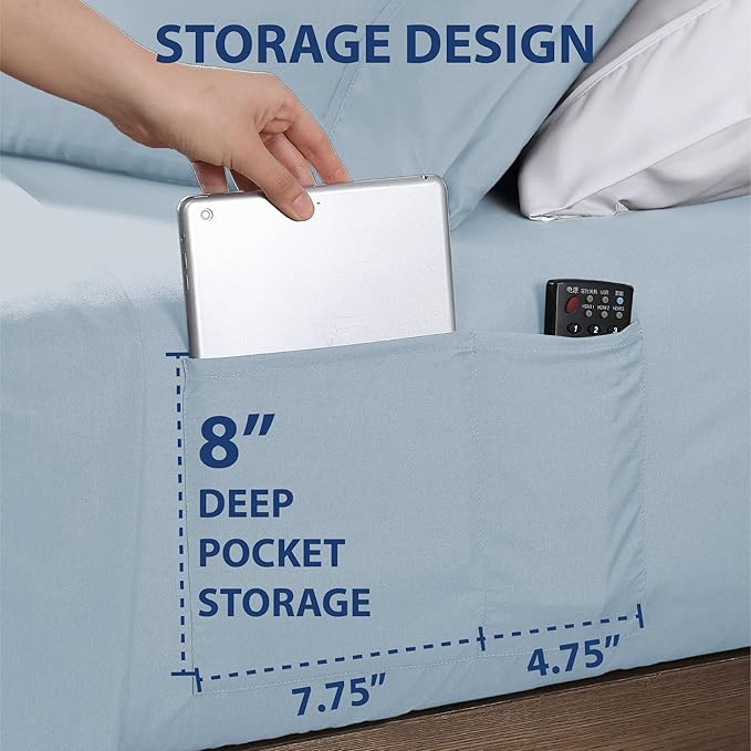 Swift Home Smart Sheets, Ultra Soft Brushed Microfiber 4-Piece Sheet Set, Fitted Bed Sheet with Side Storage Pockets – Blue Fog, Queen