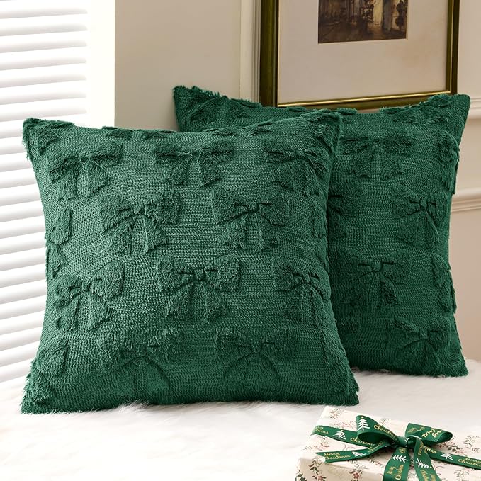 MIULEE Dark Green Bow Pillow Covers Coquette Room Decor Aesthetic Set of 2 Decorative Cute Girl Soft Plush Faux Pillowcase for Preppy Room Decor Bedroom Couch,18x18 Inch