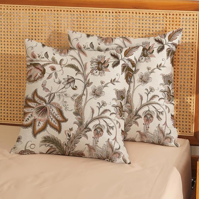 Brown Pillow Covers 20x20 Set of 2 Brown Chinoiserie Floral Throw Pillows Boho Vintage Flowers Decorative Pillow Cases Outdoor Chinoiserie Decor Farmhouse Linen Cushion Cover for Couch Sofa
