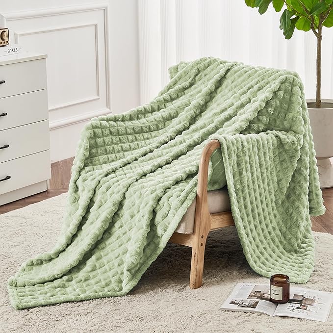 FY FIBER HOUSE Bed Blanket for Couch Soft Warm Fuzzy King Size Blankets for Sofa All Season Use, 108x90 Inches, Sage Green
