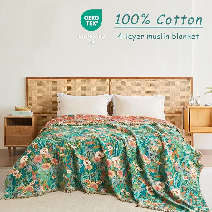 Boho Throw Blanket - 60"x80" 100% Cotton Ultra Soft Lightweight Spring Blanket, 4-Layer Breathable Muslin Blankets for Bed Couch, Reversible Green Floral Printed Bohemian Cotton Quilt