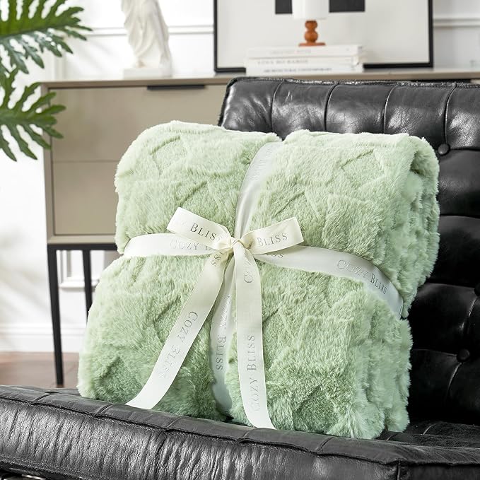 Cozy Bliss Faux Fur Textured Throw Blanket for Bed Super Soft Fuzzy Checkered Couch Blanket Gift for Women Premium 3D Jacquard All Season Use Sage Green Geom 60"*80"
