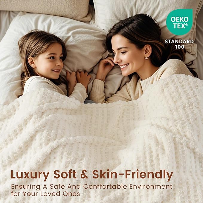 David's Home Ultra Soft Fleece Blanket Queen Size for Bed, Plush Shaggy Fluffy 3D Jacquard Waffle Throw for Couch, Warm Lightweight for Fall Winter,Fuzzy Aesthetic Room Decor,90x90 inches,Cream