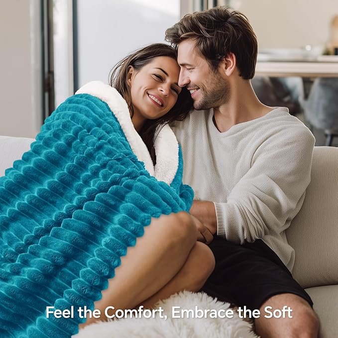 INFIIXSO Sherpa Throw Blanket for Couch - Super Soft & Warm Striped Fleece Blanket, Cozy Plush Fluffy Blanket All Season Use (Teal, 60x80 Inches)