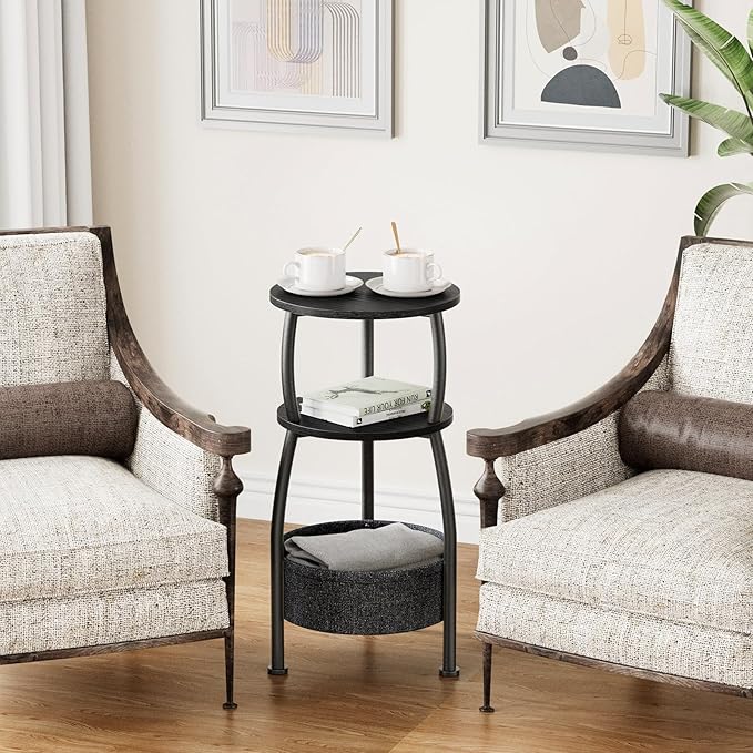 Small Round Side Table for Living Room with Storage Basket –Small Space Saving End Table 3-Tier Accent Nightstand Couch Corner Table for Sofa, Bedroom, Patio and More 24in Tall Classic Black