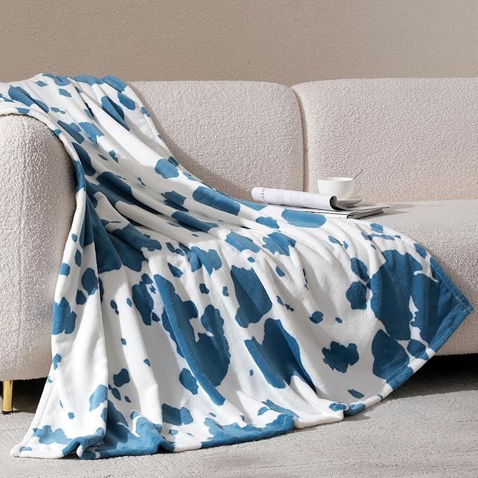 Cozy Bliss Cow Print Fuzzy Throw Blanket for Couch - Thick Soft Warm Non Shedding Fleece Blankets for Western Décor Room, for Kids, Women Men Girls, Teal Blue 50"*60"