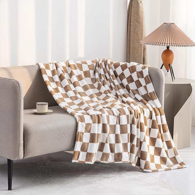 LOMAO Throw Blankets Flannel Blanket with Checkerboard Grid Pattern Soft Throw Blanket for Couch, Bed, Sofa Luxurious Warm and Cozy for All Seasons (Khaki, 40"x60")