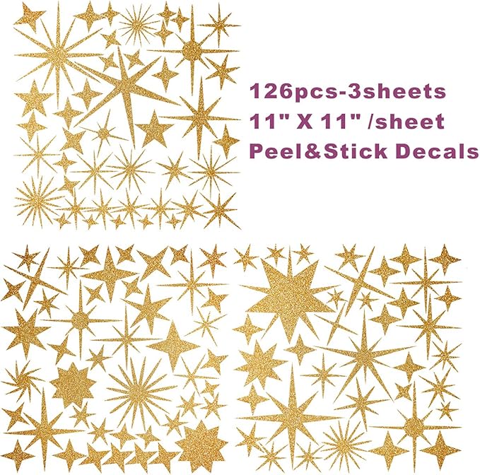 Sparkle Decals Star Wall Decals Nursery Wall Decal Kids Room Decor Stars Walls Art Murals Baby Room Star Stickers Peel and Stick Removable Decal Celestial Decoration(Vintage Gold)