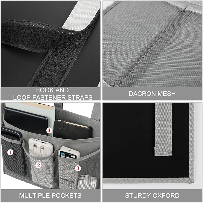 Surblue Bedside Caddy Bed Organizer Hanging Storage Bag Pocket for Bunk Hospital Beds College Dorm Rooms Baby Bed Rails Camp Wheelchairs,4 Pockets, Grey