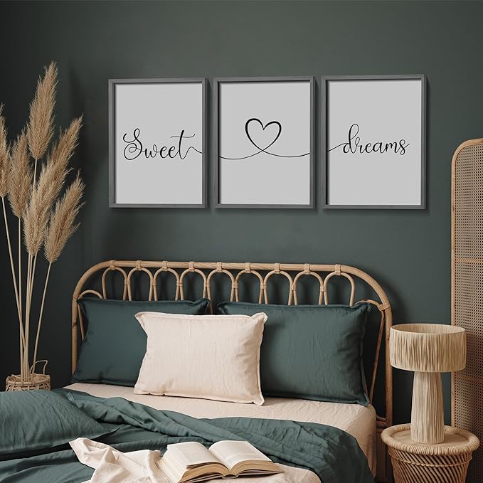 Ronasip Sweet Dreams Wall Decor for Bedroom Set of 3 Framed Wall Art for Farmhouse Rustic Home Master Bedroom Decor (11”x14”, Gray)