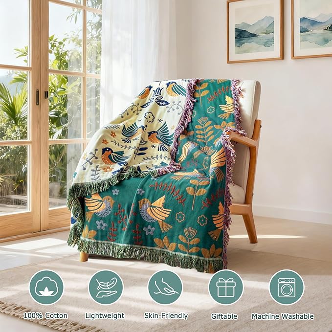 Boho Throw Blanket - 100% Cotton Soft Throw Blanket for Bed, 90"x90" Reversible Breathable Lightweight Spring Blankets, All Seasons Farmhouse Decor Floral Plant Bird Throw Quilt