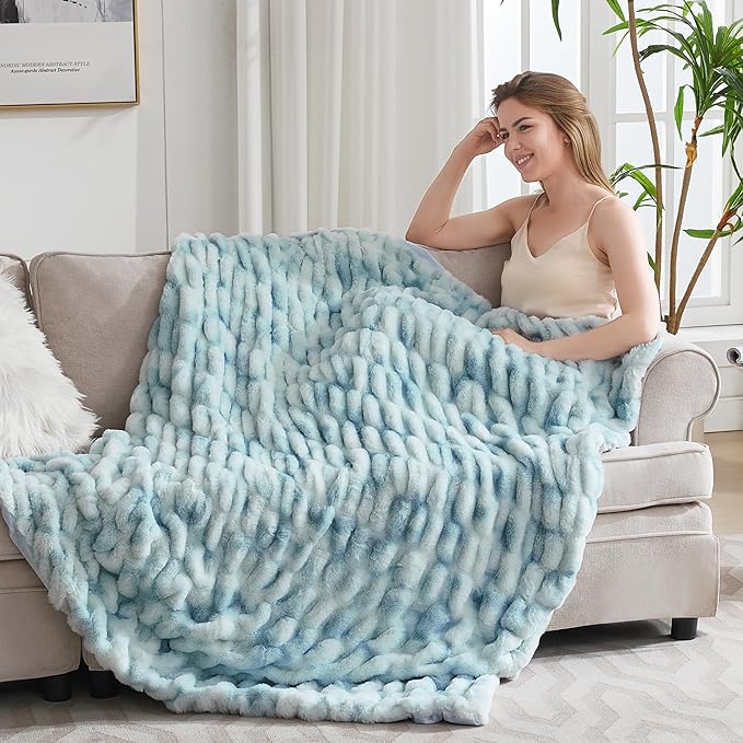 Ultra Soft Luxury Faux Fur Throw Blanket for Couch, Fuzzy Fluffy Plush Warm Cozy Ruched Blanket for Sofa Bedroom Living Room, Elegant Gift Idea for Women (50"x60",Tie-dye Freshwater Blue)