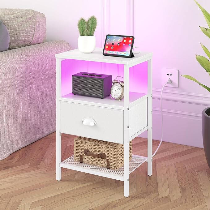 Nightstands Set of 2, LED Night Stands with Charging Station and Fabric Drawer, Bedside Tables with Drawers, 2- Tier LED Side Table End Table Charging Station Livingroom Bedroom, White
