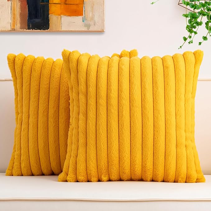 Aegero Pack of 2 Faux Fur Fall Throw Pillow Covers 24x24 Inch, Soft Plush Striped Neutral Couch Pillow Cover, with Velvet Back Modern Home Decor for Sofa Living Room Couch Bed Yellow