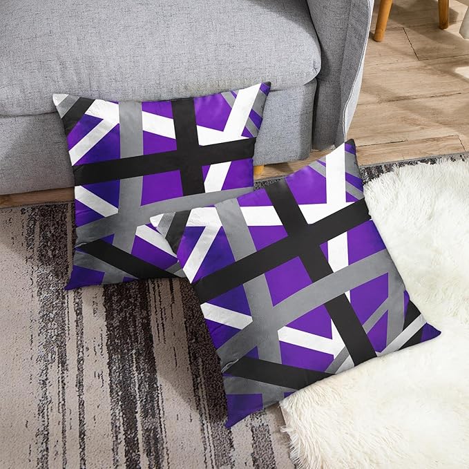 Emvency Set of 2 Throw Pillow Cover Purple Black Stripes Grey White Design Retro Decorative Pillow Case Striped Home Decor Square 18x18 Inch Cushion Pillowcase
