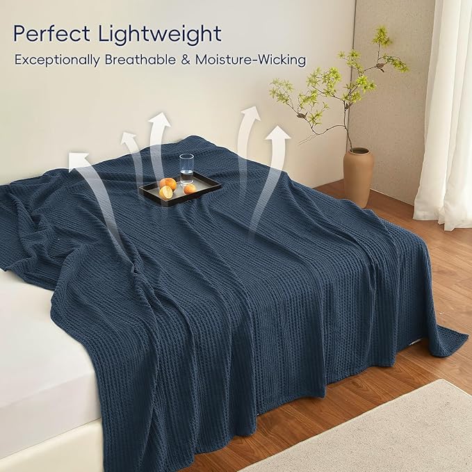PHF Lightweight Waffle Weave Blanket Queen Size, Breathable & Ultra Soft, 90"x 90" Soft & Cozy Thin Blanket for All Season & Hot Sleepers, Bed, Home Decor - Navy Blue