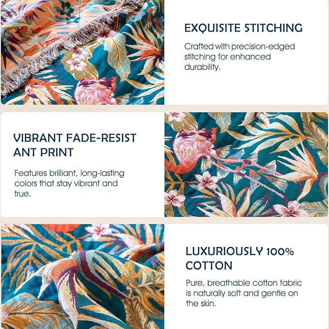 Boho Throw Blanket - 100% Cotton Ultra Soft Muslin Spring Blanket, 50"x60" Lightweight Floral Bird Framhouse Bedding Blanket for Bed, All Season Blue Bohemian Bedroom Home Decor Quilt