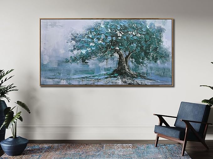 Ardemy Framed Tree Canvas Wall Art for Living Room Large, Teal Tree of Life Picture Wall Decor Landscape Bedroom Nature Painting Artwork Home Office Dining Room Kitchen 48"x28"
