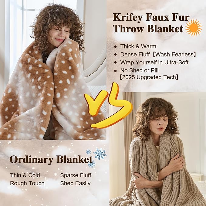 Krifey Faux Fur Blanket for Couch, Soft Bed Throw, Cozy Fuzzy Plush Thick Warm Blanket, Faux Rabbit Fleece, Christmas Birthday Gifts for Girls Women Mom Men, Dorm Room Decor, Deer Print, 50x60in