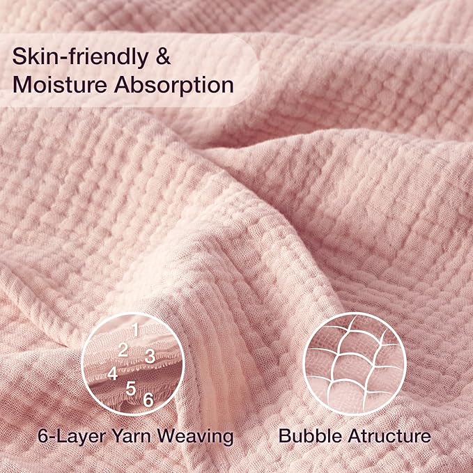 100% Cotton Muslin Blanket King 108" x 90", 6 Layers Breathable and Lightweight Cotton Throw Blankets for Bed, Soft Cooling Summer Gauze Blanket for Adults All Season, Dusty Rose‌
