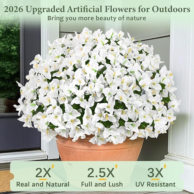 Yastouay 8 Bundles Artificial Flowers for Outdoors, Realistic Bougainvillea Fake Flowers for Outside, UV Resistant Silk Outdoor Faux Plants for Porch Patio Planter Front Door Garden Decor(White)