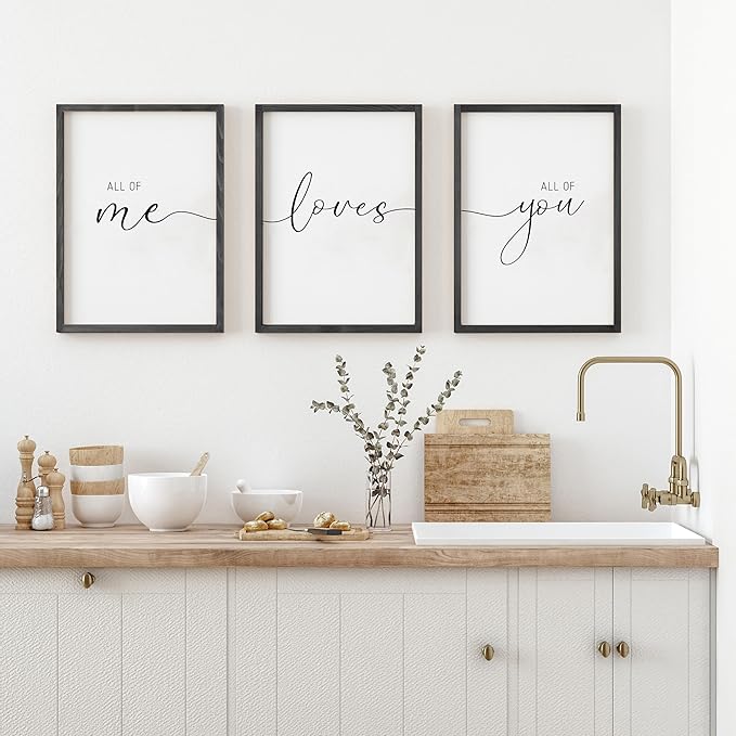 Set of 3 Framed Farmhouse All of Me Loves All of You Sign 11x14” Above Bed Wall Decor for Bedroom Decor Wall Art Wood Signs (11x14, Black)