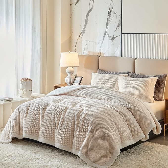 Luxury Flannel Fleece Sherpa Blankets Twin Size for Bed, Jacquard Boho 3-Layer Thick and Warm Blanket for Winter, Soft Cozy Fuzzy Plush Velvet Blanket with 2 Pillow Cases, Beige, 68x86 Inches