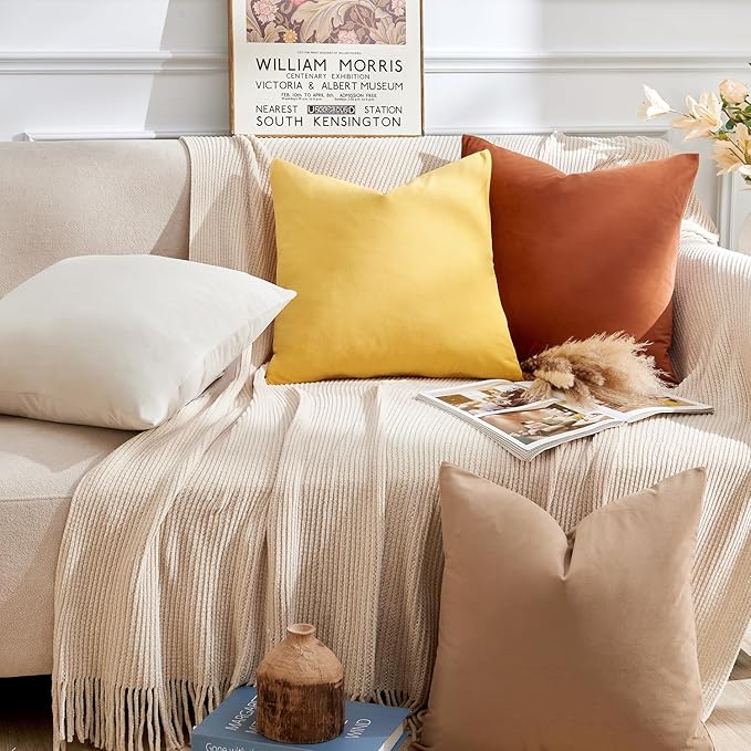 Throw Pillow Covers Yellow Set of 2 20x20 Inch Pillow Covers, Soft Velvet Fall Decorative Cases for Couch Sofa Bed, Home Boho Decor, Modern Farmhouse Cushion Covers