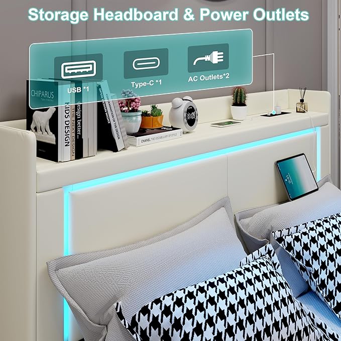 Queen Bed Frame with Headboard and Wheeled Nightstand, PU Leather Upholstered Platform Bed with LED&Charging Station for Bedroom, No Box Spring Needed, Noise Free, Suit for Couple/Single, Beige