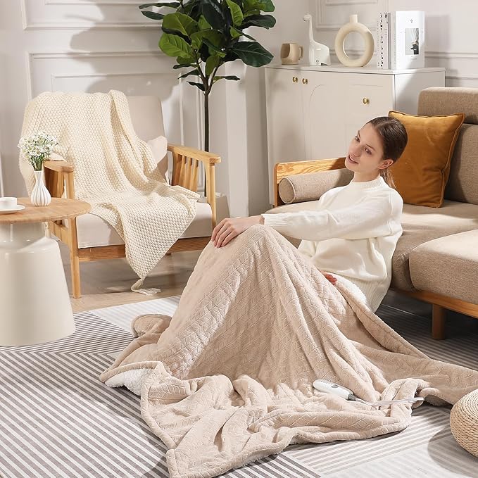 Twin Electric Blanket 62"x84" Heating Blanket Twin, Wheat Pattern Ultra-Soft Flannel & Thick Sherpa with 5 Heat Settings & 10 Hour Auto Shut-Off, ETL & FCC Certified, Machine Washable Home Use, Beige