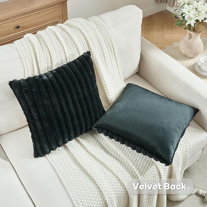 FUTEI Black Decorative Throw Pillow Covers Set of 2, 28x28 Inch Soft Fluffy Faux Fur Plush Striped Euro Pillow Shams, Modern Home Decor for Couch Bed Living Room