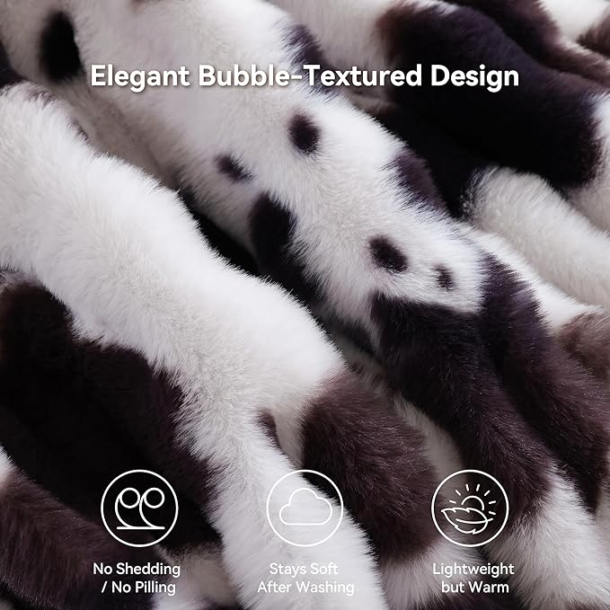 Smoofy Faux Fur Throw Blanket for Couch – Cow Print Fluffy Cozy Rabbit Fleece, Plush Soft Bubble Blanket for Sofa & Bed, Gifts for Mom, Warm Fuzzy Home Room Decor Throw 60" x 80"