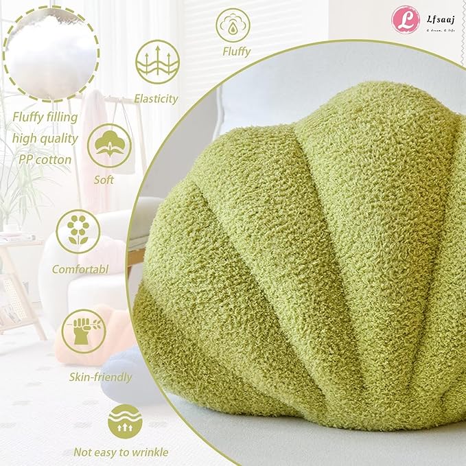 Lfsaaj Green Seashell Throw Pillows, Shell Shaped Throw Pillows, 13 Inch Soft Home Decorative Pillow Plush Cushion for Bed Couch Living Sofa Room Decor Accent Throw Pillow
