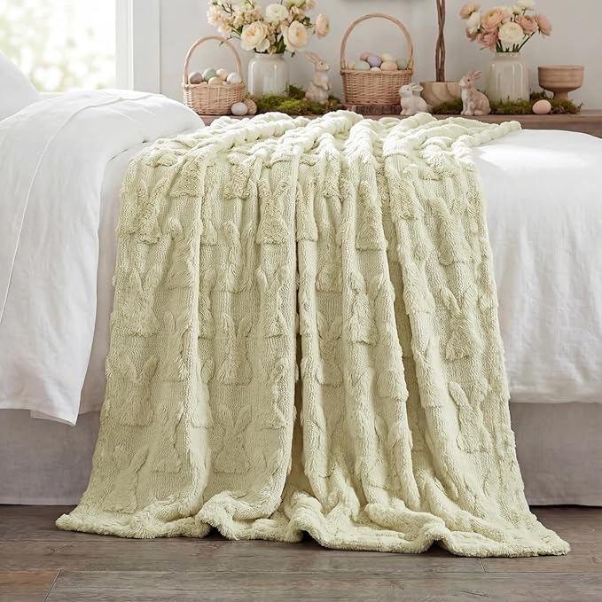 Horaldaily Easter Solid Blanket Throw, Beige Rabbits Soft Fuzzy Plush Faux Fur Cozy Blankets for Couch Sofa Bed Lounging, Ideal Gifts for Kids Adults Wife Self, 60x80