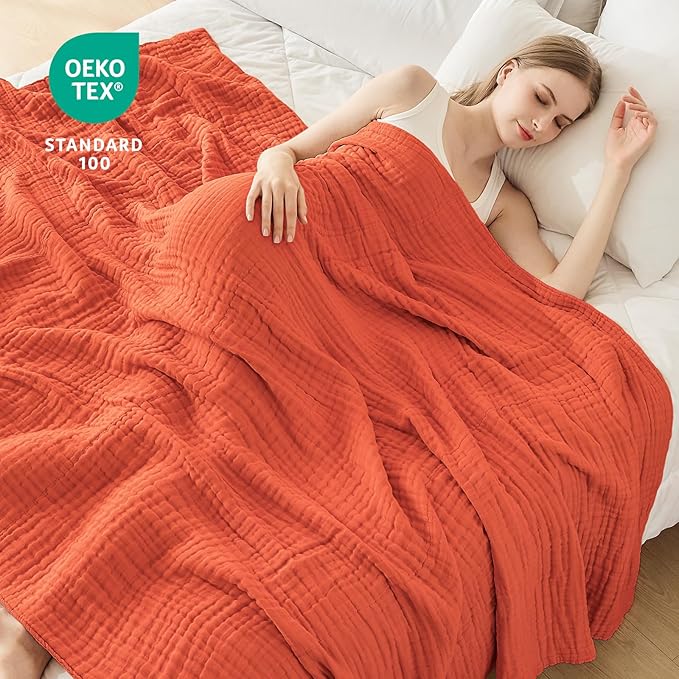 EMME Cotton Muslin Large Throw Blanket Couch Breathable Gauze Soft Lightweight Bed Blankets Adults (Heather Orange Rust, 50"x70")