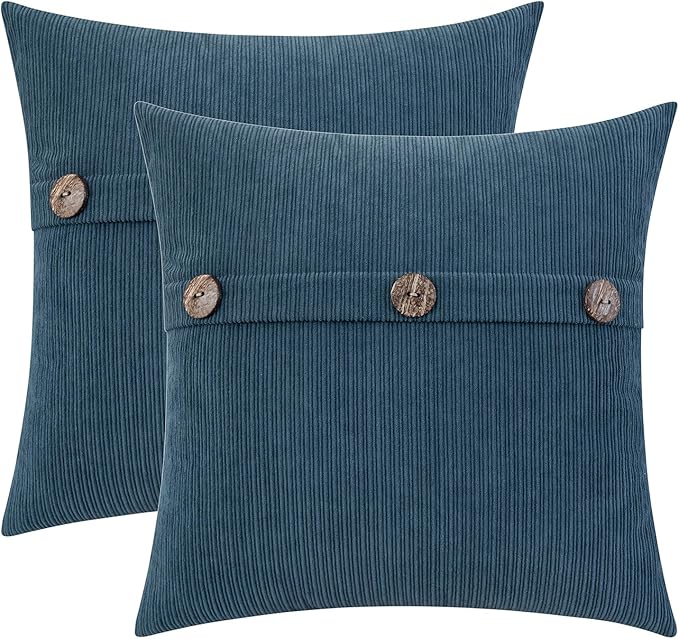 HWY 50 Blue Chenille Throw Pillow Covers 22x22 Inch with Triple Buttons, Soft Farmhouse Accent Decorative Cushion Cases for Couch Sofa Bed Living Room Pack of 2