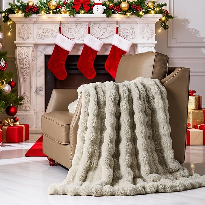 Lotus Karen Faux Fur Throw Blanket Linen - 800 GSM Bubble Rabbit Fluff Blanket for Couch Bed Sofa,Softest Fluffy Fuzzy Cozy Blanket,Thick Furry Plush Shaggy Warm Blankets for Women,90x90 Inches